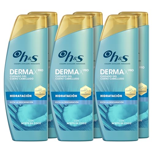 H&S DermaXPro Hidratante. Champú Anticaspa 6x300ml con Aceite de Coco y Complejo de Ceramidas para el Cuero Cabelludo Seco. Ayuda a Reforzar la Barrera Cutánea con 72 H de Hidratación