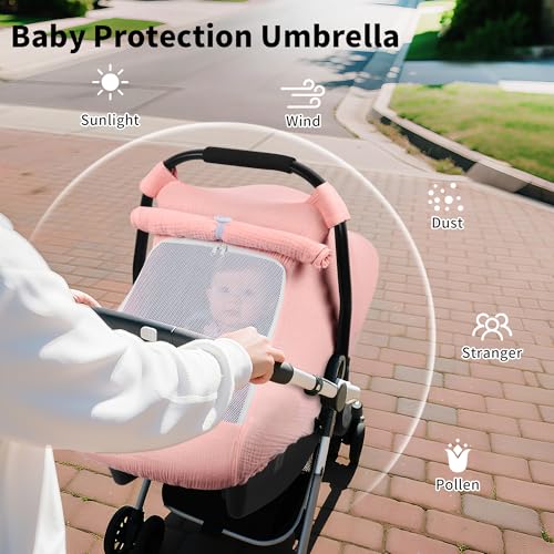 Image of Rquite Car Seat Cover Baby, Carseat Covers Girl Boy, Breathable Muslin Cotton, Large Mesh Window, Infant Car Seat Canopy Baby Carrier Cover Stroller Sun Shade for Summer & Hot Day, Pink