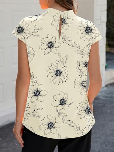Image of Funlingo Womens Summer Tops Mock Neck Short Cap Sleeve Blouses Business Casual Work Chiffon Shirts Front Pleated Tunic Top