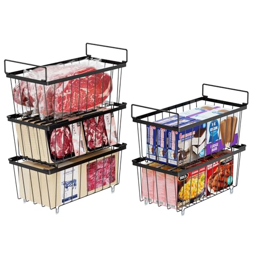 iSPECLE Gefrierschrank Organizer Behälter – 5er Gefriertruhe Körbe für 198L Tiefkühltruhen Sortieren Gefrorenes Fleisch, Sparen Platz, Stapelbare Drahtkörbe Mit Griffen Leicht zu Erreichen, Schwarz