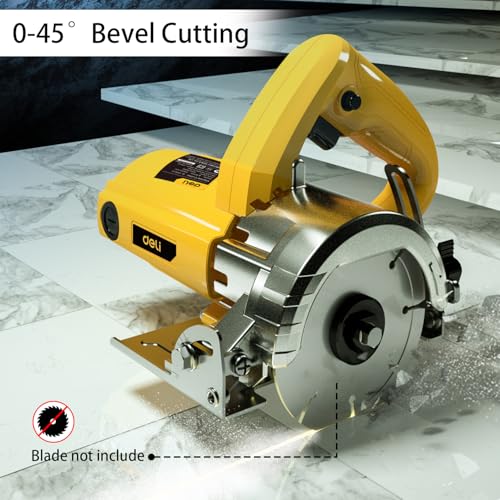 Image of Deli DL-YS110-E1 1250W Electric Marble Cutter 13500RPM High-Speed 0-45 Adjustable Bevel Cutting Angle 33mm Cutting Depth 110mm Blade Size Safe & Precise for Professional Use (Pack of 1, Yellow)