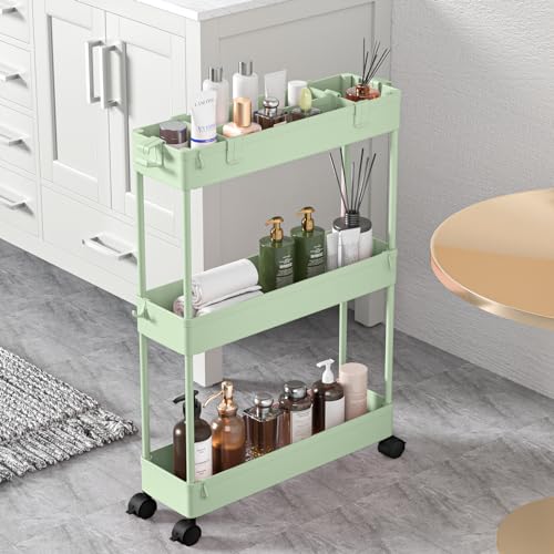 Image of SPACELEAD Slim Storage Cart 3 Tier,Bathroom Organizer Rolling Utility,Mobile Shelving Unit Slide Out for Office, Kitchen, Laundry Room & Narrow Places，Green