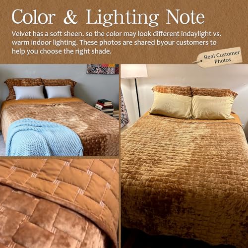 Image of Grassix Velvet Quilt Set Queen Size, Luxury Geometric Design, Gold Caramel