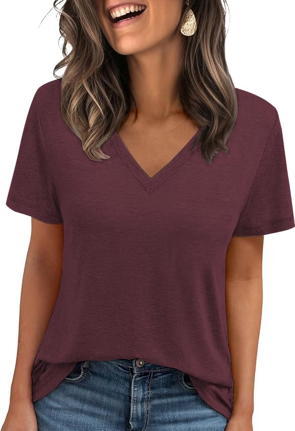 Cuptacc Tshirt Damen Sommer Basic Shirt Oberteile Damen V-Ausschnitt Kurzarm Einfarbig Casual Top