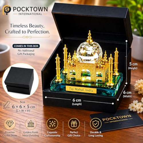 Image of Crystal Taj Mahal Showpiece with Gold Detailing | Mini Taj Mahal Replica Souvenir | Crystal Decorative Item for Home Decor, Office Desk Decor & Showcase | Indian Heritage Gift & Tourist Souvenir