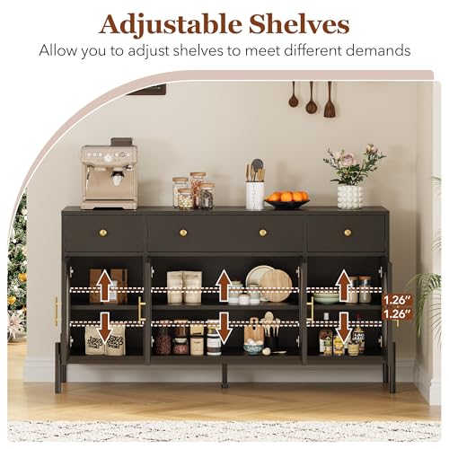 GarveeHome 62" Large Sideboard Buffet Cabinet with Storage and 3 Drawers, Buffet Table Coffee Bar Storage Cabinet with 4 Glass Doors for Dining Room, Living Room, Kitchen, Black