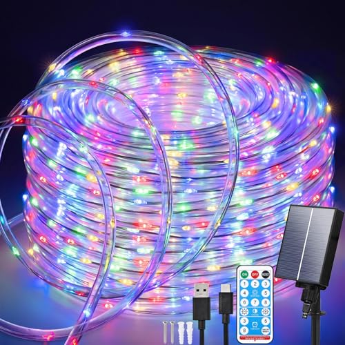 Aofonchy Solar Luces de Cuerda de Tubo Exterior, 20M 200LEDs Impermeable Cuerda Luce de Tubo con 8 Modos & USB, Manguera Guirnaldas Luces Control Remoto para Jardín Terraza Patio Navidad Fiesta