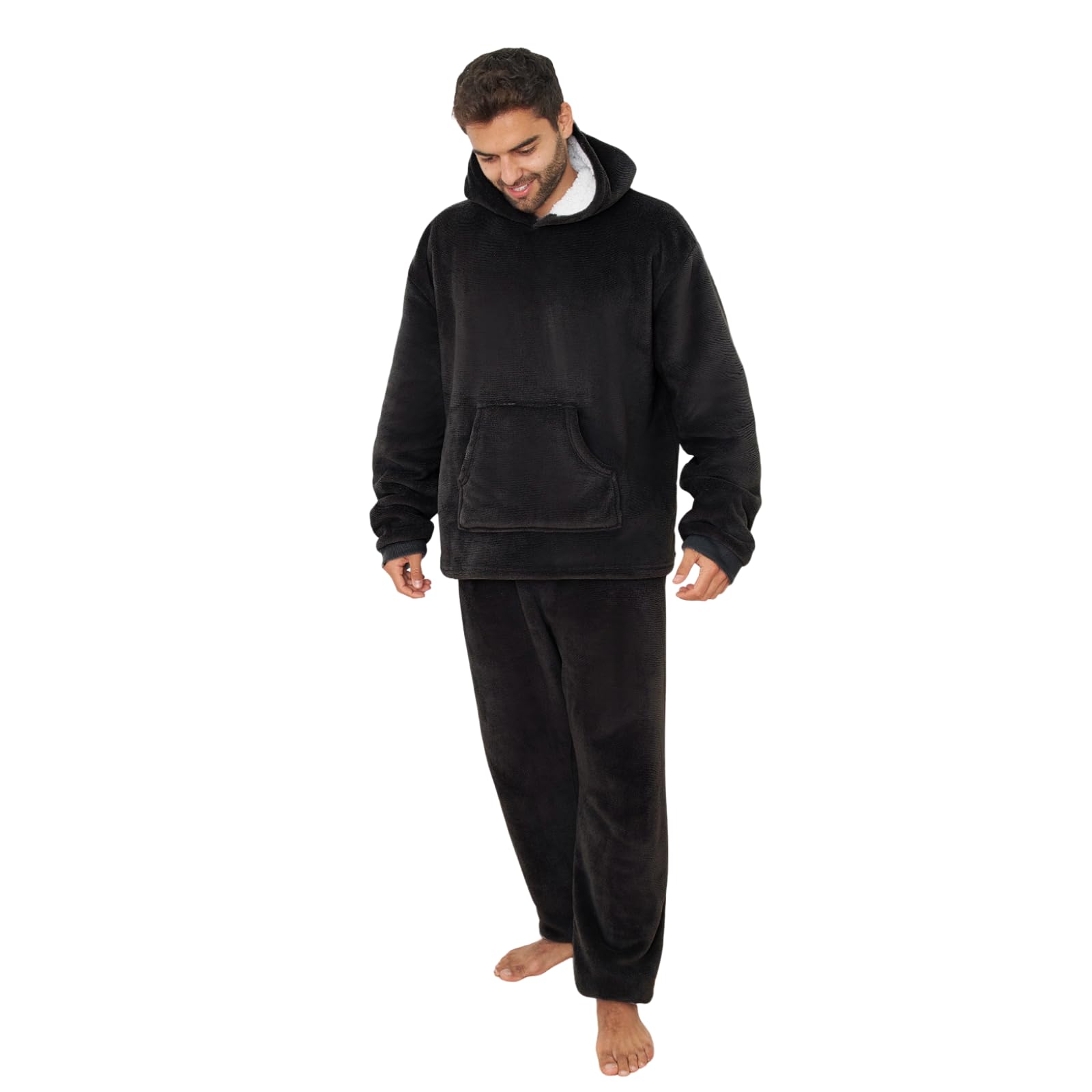 OHS Mens Pyjamas Set Sherpa Lined Two Piece Coral Fleece Pyjamas Women Men Hooded Top Elasticated Cuff Bottoms Soft Warm Winter Fluffy Pjs Sleep Nightwear, Black - Small