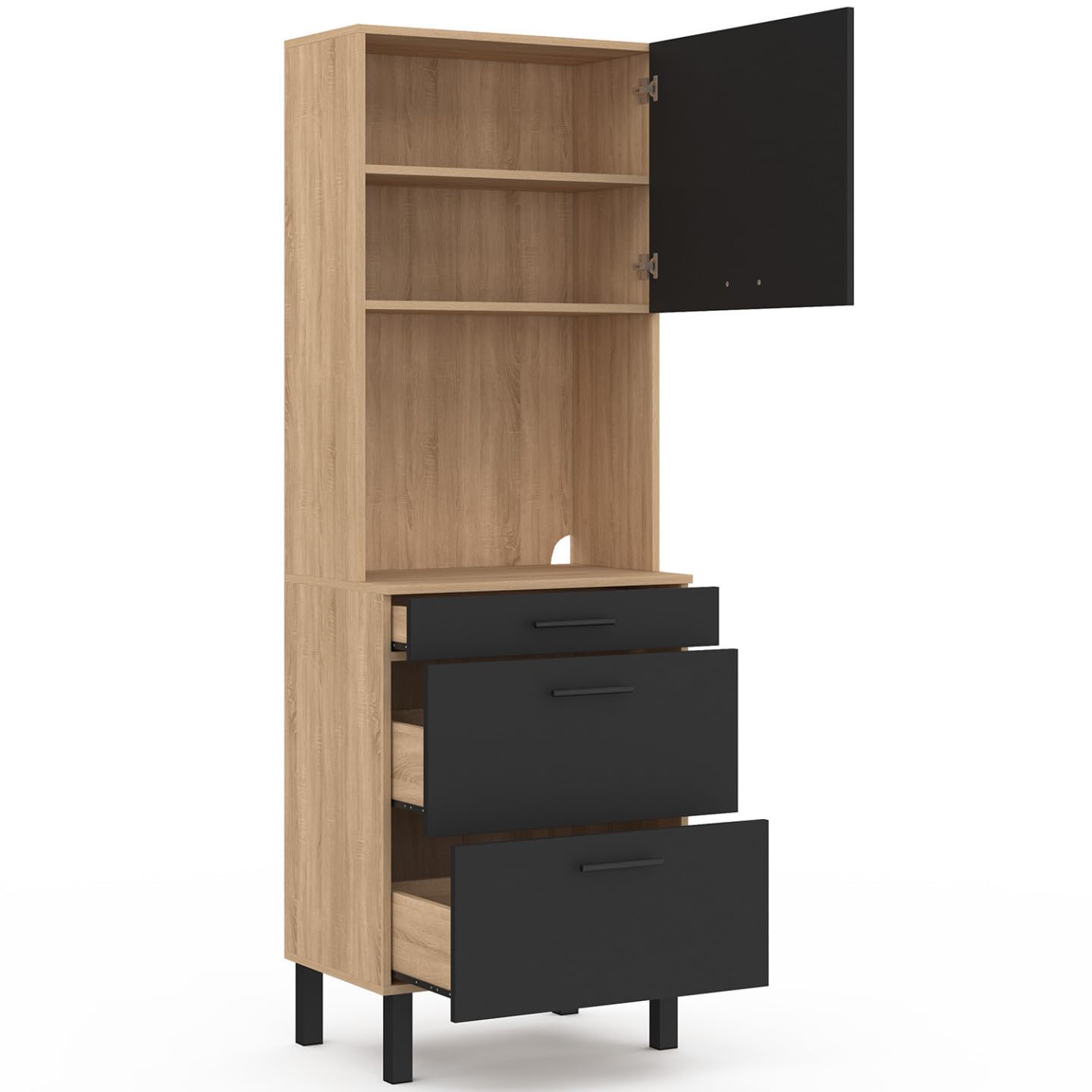IDMarket - Colonne de Cuisine Micro-Ondes et casserolier 60 cm CINA 2 Portes façon hêtre et Noir