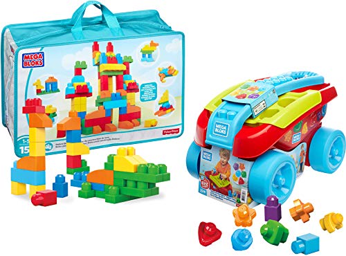 MEGA BLOKS First Builders Deluxe Building Bag + Shape Sorting Wagon, Building Set Bundle, Blue Bag, 175 Pieces