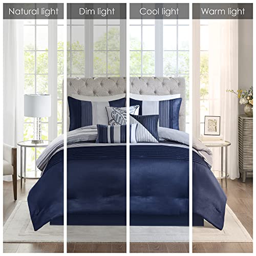 Madison Park Amherst Faux Silk Comforter Set-Casual Contemporary Design All Season Down Alternative Bedding, Matching Shams, Bedskirt, Decorative Pillows, Queen(90"X90"), Navy, 7 Piece (Mp10-2207) #TOP1