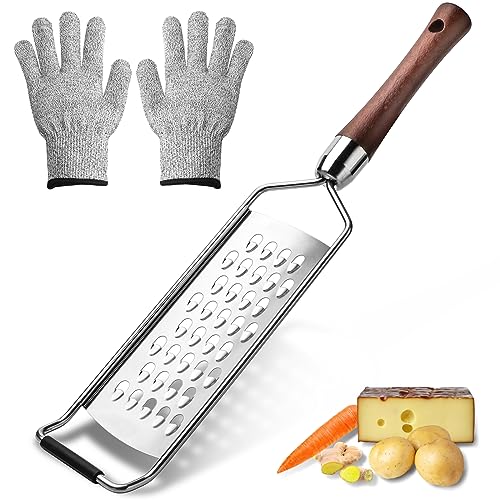 Cheese Grater Stainless Steel,Cheese Grater with Wooden Handle with Gloves Multi-functional lemon Grater Cheese Shredder For CheeseChocolateFruits Vegetables Ginger (style1)