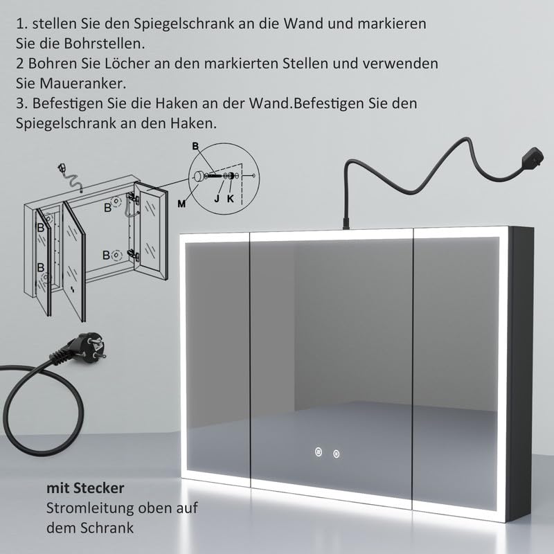 Spiegelschrank mit Beleuchtung 60x100x13.5cm LED Badezimmerschrank, Medizinschrank Badezimmer Hängeschrank mit Spiegel mit 3-Farben Dimmbar, Beschlagfrei Spiegelschrank