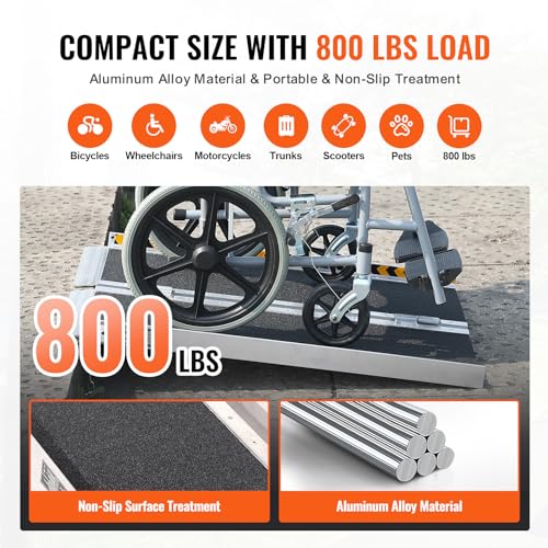 VEVOR Tragbare Rollstuhlrampe, 60,96 cm 363 kg Kapazität, rutschfeste, klappbare Schwellenrampe aus Aluminium, Faltbare Rampe für Mobilitätsroller, Rollstuhlrampe, Heimstufen, Treppen, Bordsteine