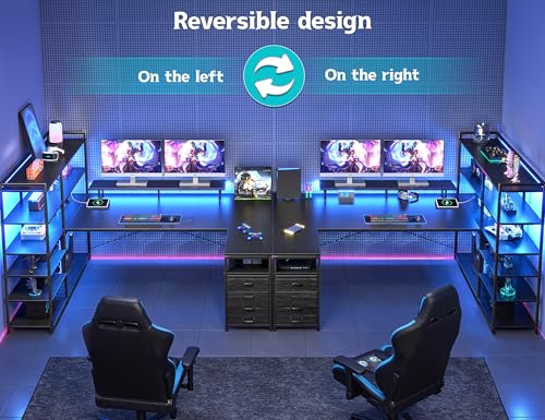 Image of DurayLoly 63 inch L Shaped Gaming Desk with Power Outlet & LED Lights,Black | Reversible Corner Desk with 6-Tier Shelves,2 Fabric Drawers,Monitor Stand & CPU Stand,Computer Desk for Home Office,Bedroom