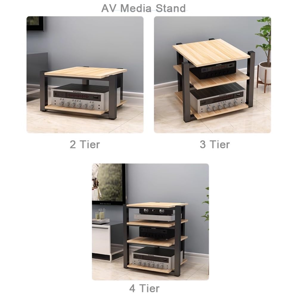 4-poziomowy stojak audio z drewnianymi półkami na wzmacniacz, nośniki AV i komponenty stereo, odtwarzacz CD, półka narożna, do studia nagraniowego, czarny, 70 x 55 x 90 cm