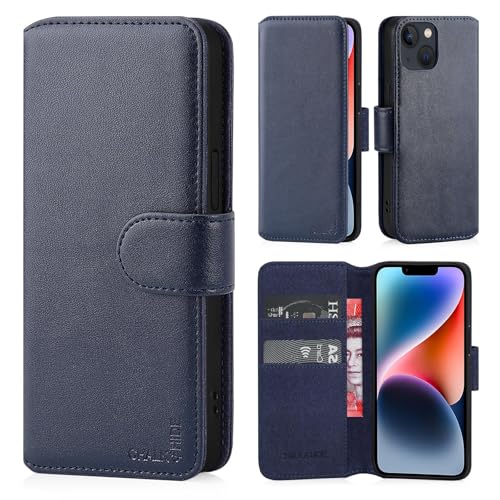 Chalk & Hide - Prawdziwa Skóra Trzepnięcie Portfel Etui Pokrowiec do Apple iPhone 14 (6.1"), z Gniazdem na Kartę, Zamknięciem Magnetycznym i Wbudowanym Stojakiem - Ciemnoniebieski
