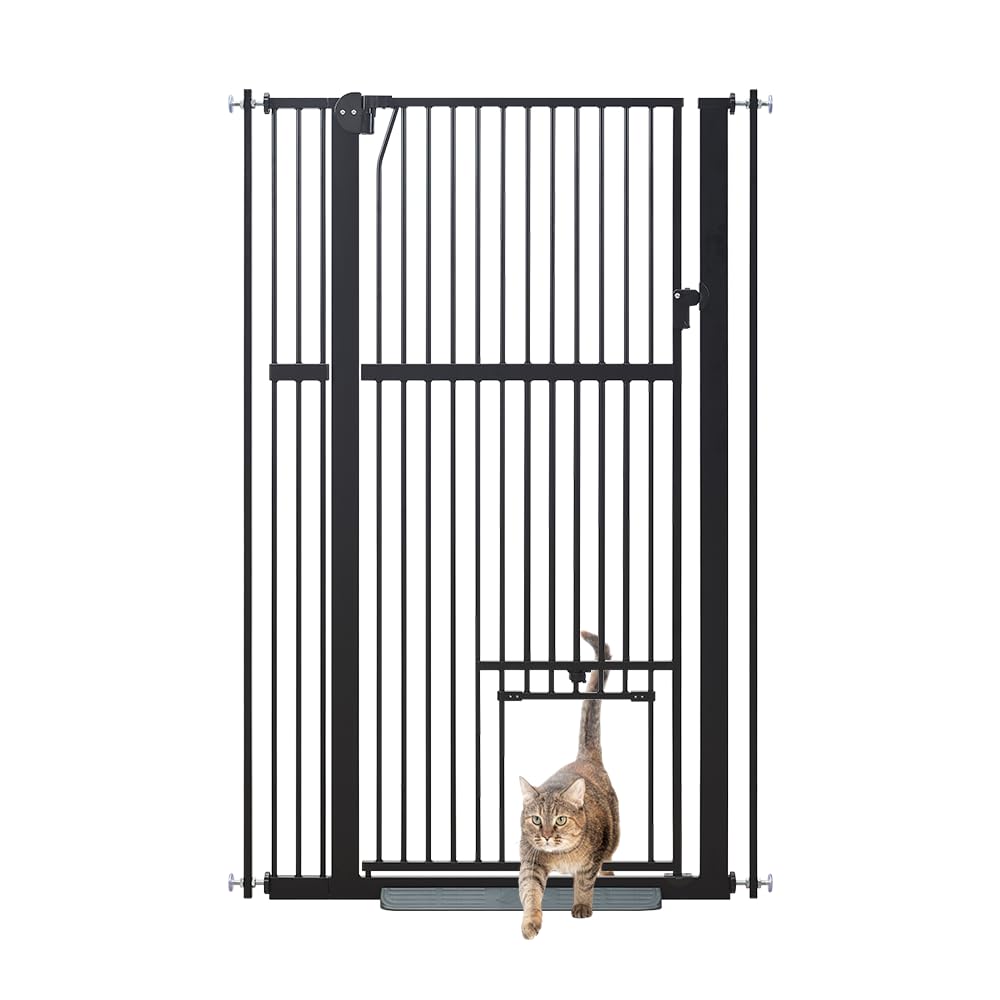 Unipaws - Barrera de seguridad extra alta (142 cm, para perros y gatos, ancho 79-95 cm, fijación por presión sin taladro, para escalera o puerta, cierre automático, color negro