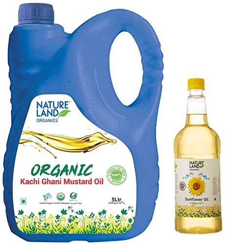 Image of Natureland Organics Mustard Oil Jar, 5 L & Sunflower Oil Bottle, 1 L