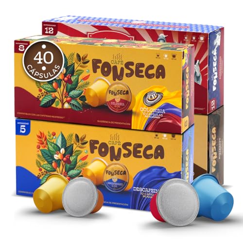 FONSECA Cápsulas Café Compatibles con Nespresso, Pack de 40 Cápsulas Nespresso Café 100% Colombia, Descafeinado, Ristretto y Americano, Pack Degustación Producido en Portugal