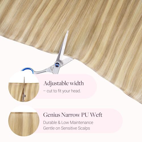 Image of GOO GOO Genius Narrow Edge PU Weft Hair Extensions Human Hair, Invisible Sew in Hair Extensions Human Hair, P16 /22A Light Blonde Highlighted Golden Blonde 18 Inch 100g, Seamless Soft Lightweight