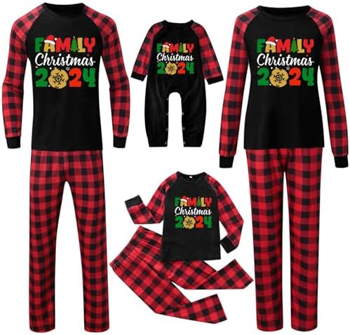 Family Christmas Pajamas Matching Sets Cute Christmas Printed Sleepwear Holiday Funny Letter Pajamas with Plaid