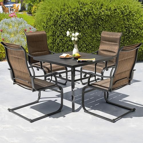Image of NUU GARDEN 5 Piece Outdoor Dining Set, 4 All Weather Outdoor Padded Textilene Patio Chairs and 37 inch Square Dining Table with 1.57 inch Umbrella Hole, for Backyard, Patio, Garden, Brown and Black