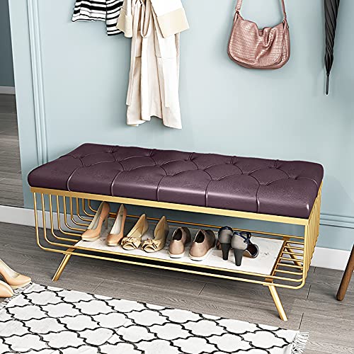 Zapatero de alta calidad con banco de entrada moderno de mármol y metal y asiento de piel sintética, color marrón, elegante almacenamiento de zapatos para pasillo y dormitorio, perfecto para
