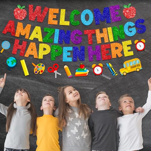 Image of Welcome Amazing Things Happen Here Banner,Welcome Back Banner School Decorations Welcome School Sign for Back to School Classrooms Decor