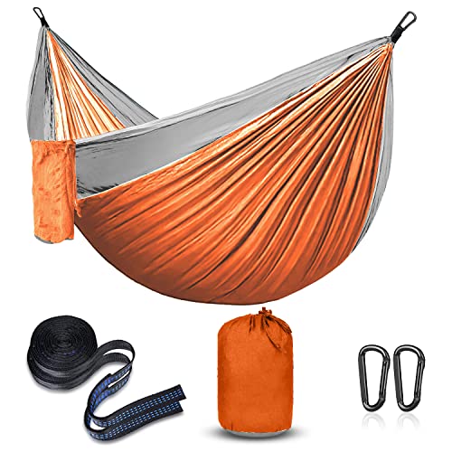 Hamaca de Acampada, Hamacas Ultraligera para Camping Portátil Transpirable y de Secado rápido Hamaca de Paracaídas para Al Aire Libre Jardín Patio Trasero Playa (Naranja/Gris)