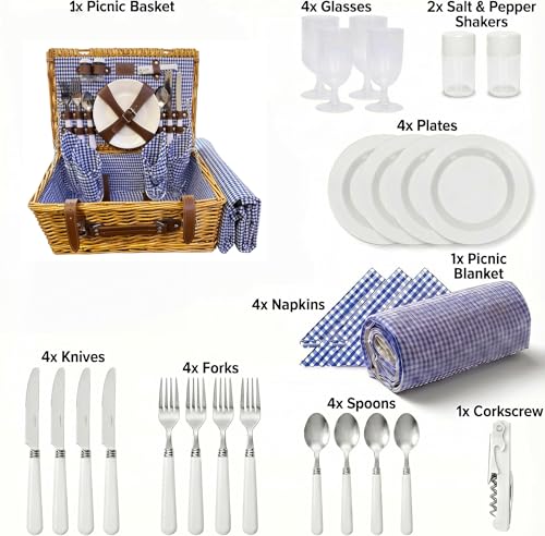 Image of Multifunctional Wicker Picnic Basket Set for 4 Blanket Family Folding Wine Table,Insulated Portable Extra Big Storage Capacity Woven Rattan Canasta De Full Tablewares Camping Outdoor Flowers Blue