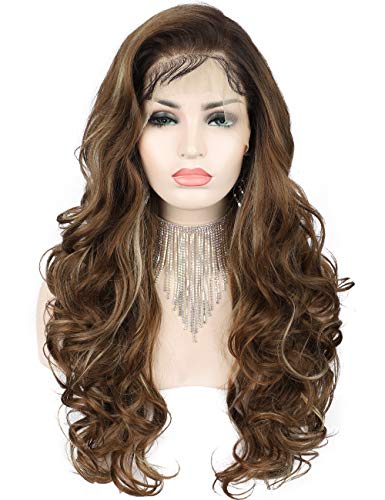 Kalyss 13x6" Free Parting Lace Front Wigs for Women Ombre Brown Blonde 24" Long Wavy Curly Brown Roots Synthetic Lace Frontal Wigs With Baby Hair