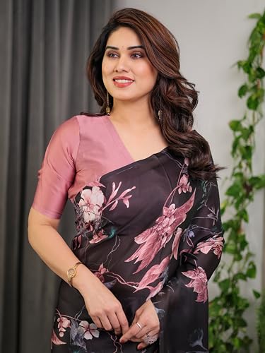 Image of ALMAARI FASHION Satin Georgette Floral Printed Saree with Blouse, 5.5 Meter Saree with 0.8 Meter Blouse, Traditional (SG 109 SH)