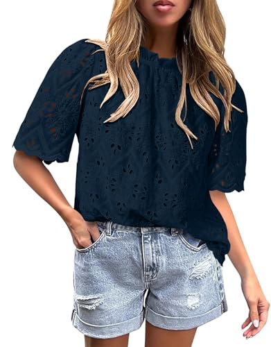 BETTE BOUTIK Womens Lace Tops 2025 Trendy Long Short Sleeve Eyelet Embroidered Dressy Casual Blouse Shirts