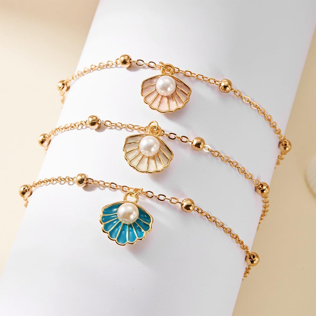3Pcs Seashell Pearl Gold Beach Bracelets Set for Women Trendy Blue/White/Peach Shell Conch Statement Bracelet Fashion Cowrie Beachy Holiday Hawaii Jewelry - Image 4