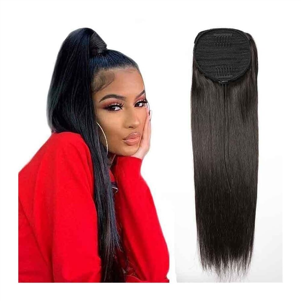 Doczepiane końskie włosy brazylijski Remy ludzkie włosy z regulowanym sznurkiem 25-55 cm, z klipsem, prosty koński ogon, naturalna czerń, codzienne noszenie (22 cale)