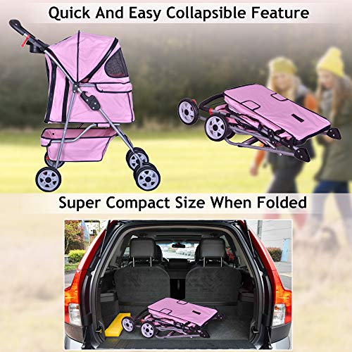 4 Wheels Pet Stroller Cat Dog Cage Stroller Travel Folding Carrier With Cup Holders And Removable Liner For Small-Medium Dog, Cat (Pink) #TOP6