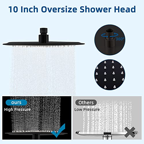 10” High Pressure Rainfall Shower Head, Metal Waterfall Showerhead With Handheld, 16'' Adjustable Right Angle Shower Extension Arm, Adhesive Shower Head Holder, Extra Long Hose, Matte Black #TOP3