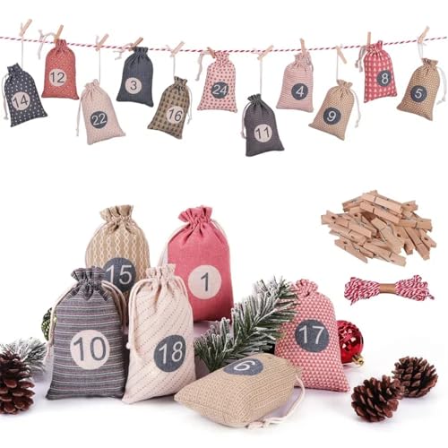 Christmas Advent Calendar Bags, 24 Days Countdown Calendar Burlap bags Hanging Advent Calendar Gift Favors for Xmas Decorations, Reusable Fabric Bags With Drawstring Closure(retro country style)