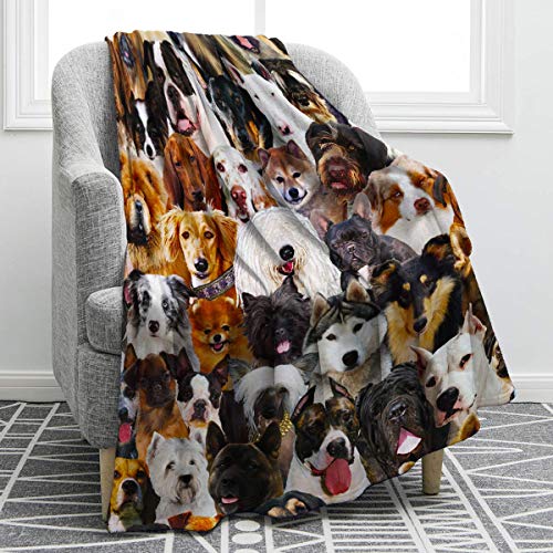 JOOCAR Flanell-Überwurfdecke mit Hunde-Familienaufdruck, Husky, Shiba, Inu, Zwergspitz, Bullterrier, gemütlich, weich, warme Plüschdecken für Bett, Couch, Wohnzimmer, Sofa, Stuhl