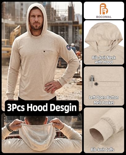 Image of BOCOMAL FR Hooded T Shirts Utility Pocket Fire Resistant Summer Hoodie CAT2 | 6oz Midweight Flame Retardant Cotton Hoodies,Kangaroo /Button Pocket,NFPA2112,Rib-Knit Cuffs,FRC Welding Arc Rated Work Shirt