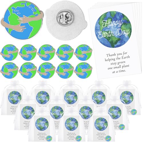 Image of Landical Earth Day Pins Thank You Gift Earth Day Lapel Brooches with Card Organza Bag for National Green Week Party Favor