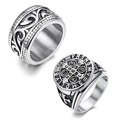 Finrezio 2Pcs Stainless Steel Rings for Men Vintage Silver Biker Signet & Band Ring Set Size 6-13
