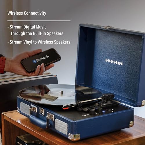 Image of Crosley CR8005F-IB Cruiser Plus Record Player, Ink Blue | 3-Speed Turntable, Bluetooth In / Out, Built-in Stereo Speakers, Isolated Internal Speakers Minimize Vibration