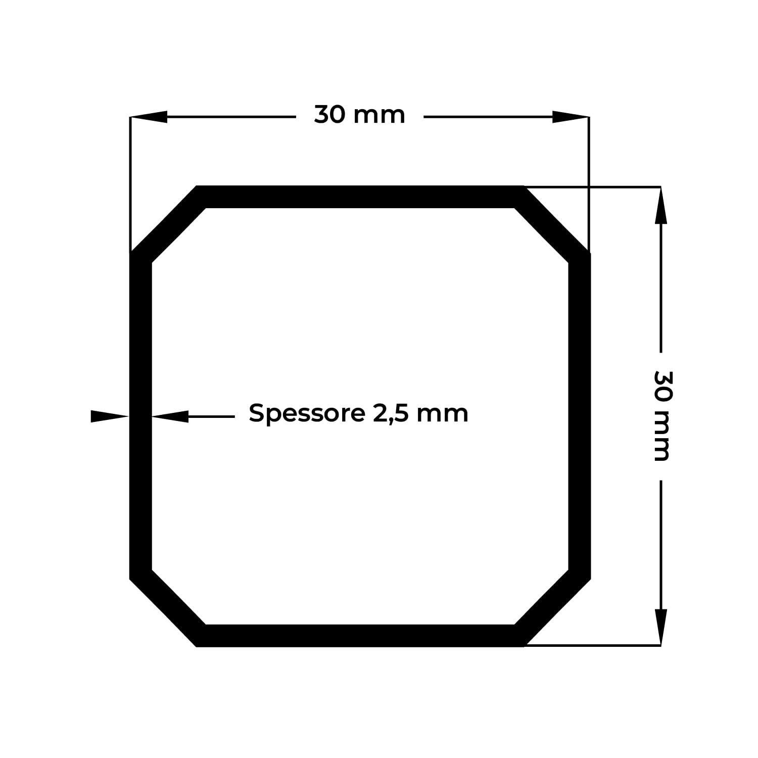 Tubo in ferro quadrato vuoto martellato 30x30 mm spessore 2,5 mm 2000 mm Made in Italy