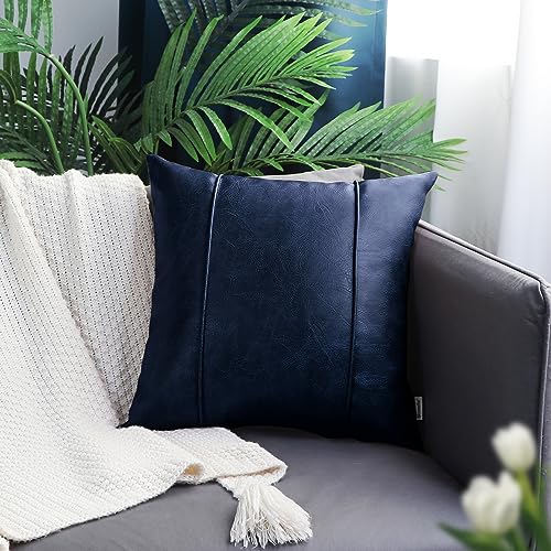 Image of BRAWARM Navy Blue Leather Throw Pillow Covers 20 X 20 Inches - Faux Leather Pillow Cover with Piping, Hand Stitched Leather Throw Pillow for Couch Sofa Bed Living Room Home Decorative