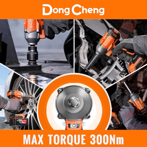 Image of Dong Cheng 20V Brushless Cordless Impact Wrench Kit, 380W Motor, 300N.m Max Torque, Working Modea (210 /300N.m), 2x4000mAh Batteries + Fast Charger, Auto Stop Reverse, LED Work Light