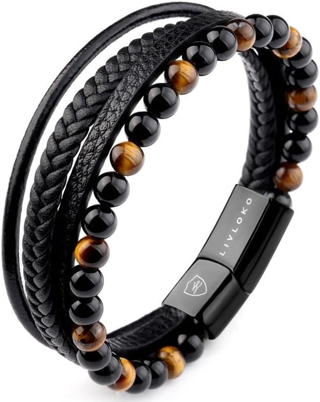 LONDON Mens Bracelet Leather Black Multi-Layer Stone Beads Magnetic Adjutable Steel Clasp Viking Rope Bands Surfer Man Wristband Male UK Jewellery Gift box Boyfriend Dad Son Brother Tiger Eye