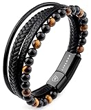 LIVLOKO LONDON Gift Boxed Mens Bracelet Leather Black Multi-Layer Tiger Eye Stone Beads Magnetic Steel Clasp Viking Rope Bands Surfer Man Wristband Male UK Jewellery Gift box Husband Boyfriend Dad Son