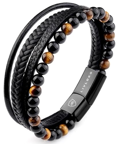 LIVLOKO LONDON Mens Bracelet Leather Black Multi-Layer Tiger Eye Stone Beads Magnetic Adjutable Steel Clasp Viking Rope Bands Surfer Man jewelry Wristband Male UK Jewellery Gift box Husband Boyfriend Dad Son